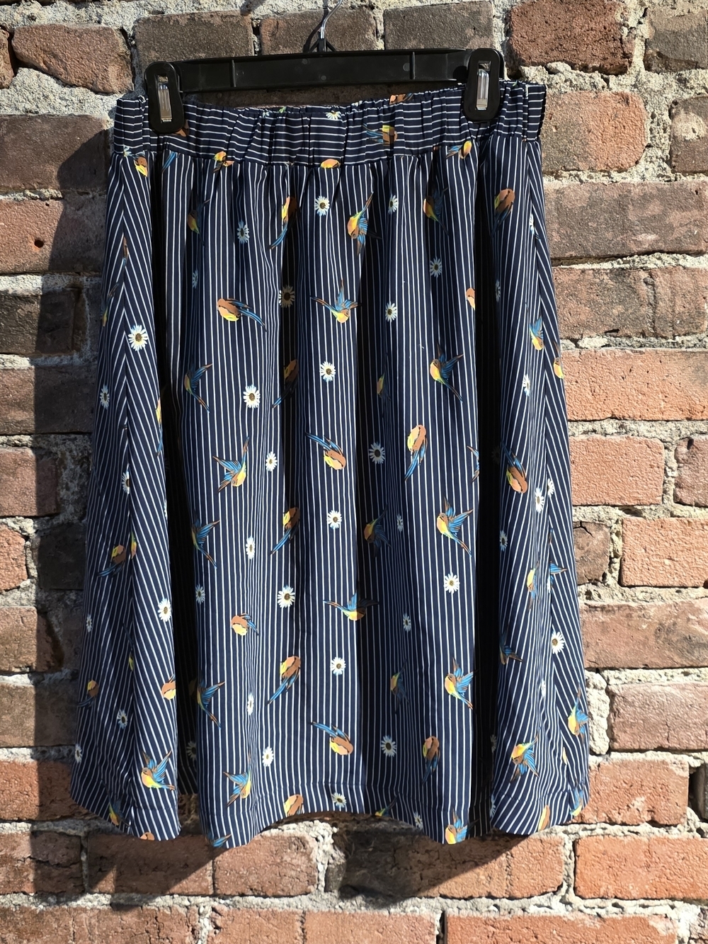 Le Lis Navy Striped Skater Skirt with Floral & Bird Motif